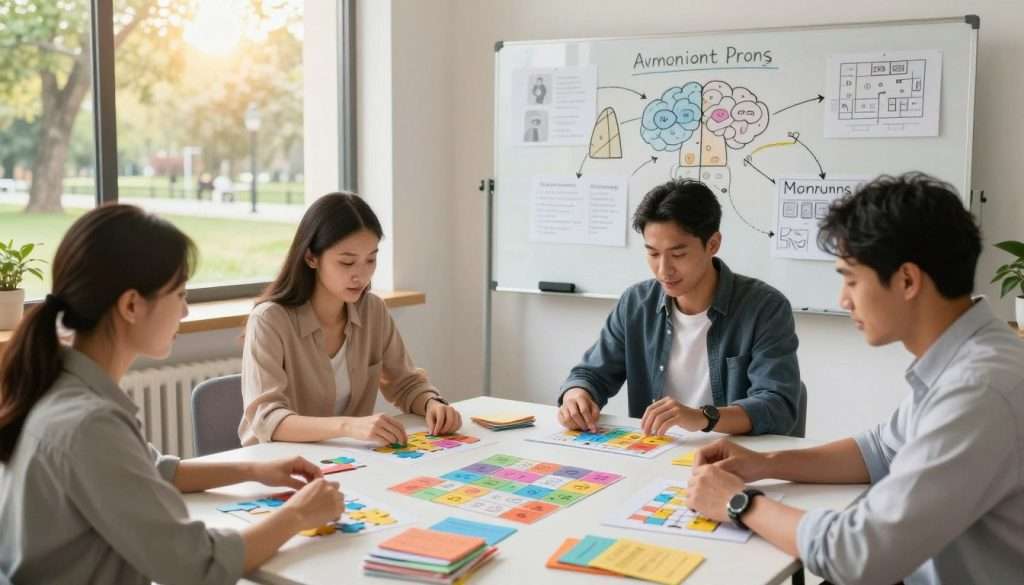 A well-organized workspace showcasing advanced memory enhancement exercises. In the foreground, a diverse group of three professionals—two women and one man—are engaged in memory training activities, such as solving puzzles and playing memory games, while sitting at a desk cluttered with brain teasers and colorful index cards. The middle ground features a large whiteboard filled with mind maps and diagrams, illustrating memory techniques. In the background, a window reveals a serene park scene with gentle sunlight streaming in, creating a warm and inviting atmosphere. The lighting is bright yet soft, emphasizing a sense of focus and collaboration. The lens should evoke a slightly angled view to capture the dynamic interaction among the participants, enhancing the overall mood of productivity and creativity. A well-organized workspace showcasing advanced memory enhancement exercises. In the foreground, a diverse group of three professionals—two women and one man—are engaged in memory training activities, such as solving puzzles and playing memory games, while sitting at a desk cluttered with brain teasers and colorful index cards. The middle ground features a large whiteboard filled with mind maps and diagrams, illustrating memory techniques. In the background, a window reveals a serene park scene with gentle sunlight streaming in, creating a warm and inviting atmosphere. The lighting is bright yet soft, emphasizing a sense of focus and collaboration. The lens should evoke a slightly angled view to capture the dynamic interaction among the participants, enhancing the overall mood of productivity and creativity.