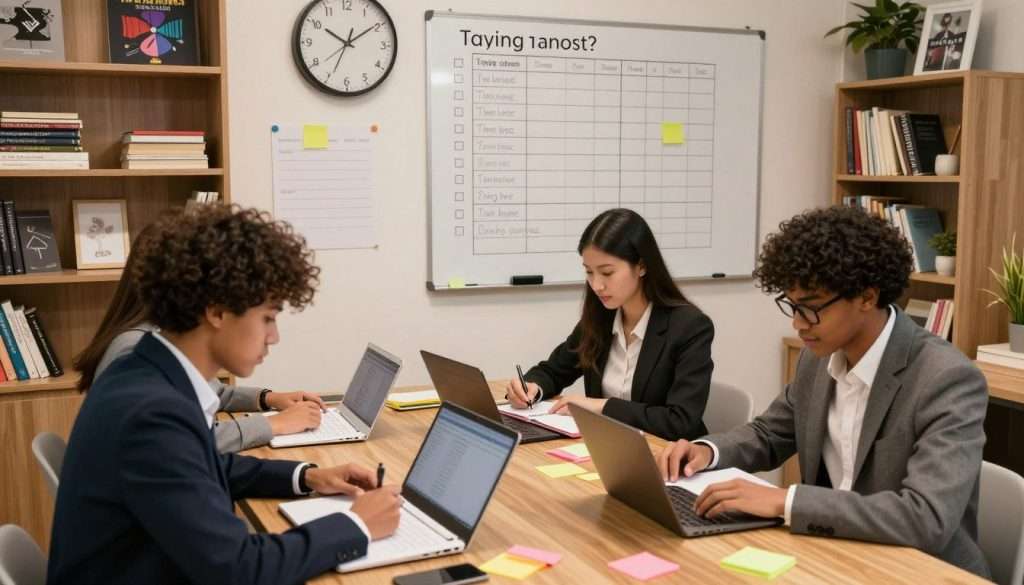 An organized study space showcasing effective time management strategies for students. In the foreground, a diverse group of three students in professional attire are seated around a wooden table, actively engaging with planners and digital devices, with notebooks and colorful sticky notes scattered about. The middle ground features a large wall clock and a whiteboard filled with checklists and time-blocking schedules, illustrating structured study plans. The background consists of shelves filled with books and inspirational posters about productivity and focus. The lighting is warm and inviting, illuminating the scene to create a motivational atmosphere. The angle is slightly overhead, capturing the vibrancy and collaboration of the study environment, promoting positive energy and focus on time management.