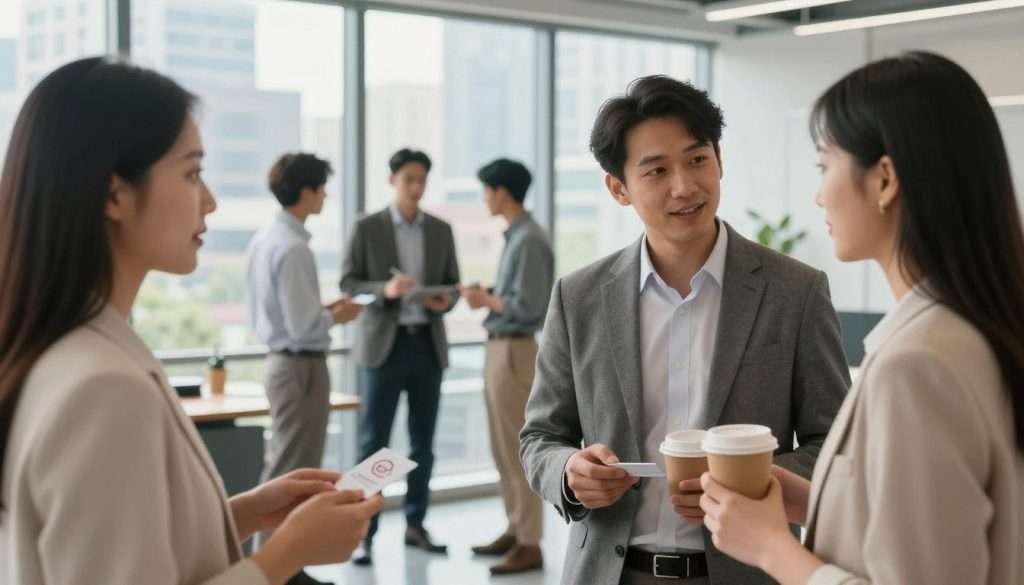 In a modern, well-lit office space, a diverse group of professionals engage in a dynamic networking event. In the foreground, two individuals, a man and a woman, share a thoughtful conversation while holding business cards and coffee cups, dressed in professional business attire. In the middle ground, small groups of people collaborate, exchanging ideas and resources. A large window in the background reveals a vibrant cityscape, symbolizing growth and opportunity. Soft, natural light floods the room, creating an inviting atmosphere. The overall mood is one of inspiration and connection, highlighting the importance of networking for educational growth in personal and career development. In a modern, well-lit office space, a diverse group of professionals engage in a dynamic networking event. In the foreground, two individuals, a man and a woman, share a thoughtful conversation while holding business cards and coffee cups, dressed in professional business attire. In the middle ground, small groups of people collaborate, exchanging ideas and resources. A large window in the background reveals a vibrant cityscape, symbolizing growth and opportunity. Soft, natural light floods the room, creating an inviting atmosphere. The overall mood is one of inspiration and connection, highlighting the importance of networking for educational growth in personal and career development.