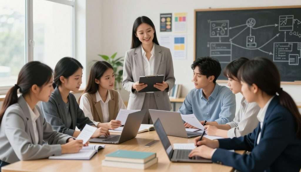 A bright and inspiring classroom scene focused on student success. In the foreground, a diverse group of students, dressed in professional attire, are engaged in a collaborative study session around a table filled with books and laptops. They are sharing notes and discussing feedback, showcasing expressions of determination and enthusiasm. In the middle ground, a teacher observes with a supportive smile, holding a clipboard with feedback notes. The background features a wall adorned with motivational posters and a blackboard filled with thoughtful diagrams. Soft, natural lighting filters through large windows, creating a warm and inviting atmosphere. The scene is captured from a slightly elevated angle, emphasizing the interaction among students and fostering a sense of community and learning. A bright and inspiring classroom scene focused on student success. In the foreground, a diverse group of students, dressed in professional attire, are engaged in a collaborative study session around a table filled with books and laptops. They are sharing notes and discussing feedback, showcasing expressions of determination and enthusiasm. In the middle ground, a teacher observes with a supportive smile, holding a clipboard with feedback notes. The background features a wall adorned with motivational posters and a blackboard filled with thoughtful diagrams. Soft, natural lighting filters through large windows, creating a warm and inviting atmosphere. The scene is captured from a slightly elevated angle, emphasizing the interaction among students and fostering a sense of community and learning.