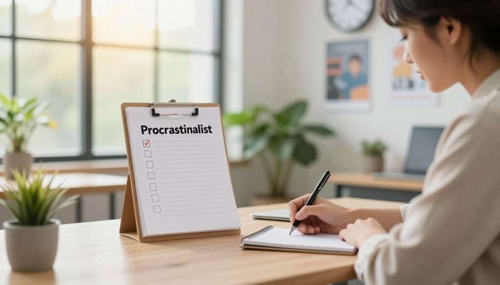 A bright and inspiring workspace scene, featuring a clean desk with a checklist prominently displayed, highlighting the first actionable task. In the foreground, a focused professional in smart casual attire, seated, is writing on a notepad, exuding determination. The middle layer shows a cozy indoor environment with a large window letting in warm, natural light, plants in soft green hues, and motivational posters on the walls. The background subtly features a clock indicating the passage of time, symbolizing the urgency to take action. The overall mood is optimistic and energetic, designed to inspire the viewer to conquer procrastination and improve productivity. Use soft focus effects on the edges to draw attention to the central subject and create a sense of clarity and purpose. A bright and inspiring workspace scene, featuring a clean desk with a checklist prominently displayed, highlighting the first actionable task. In the foreground, a focused professional in smart casual attire, seated, is writing on a notepad, exuding determination. The middle layer shows a cozy indoor environment with a large window letting in warm, natural light, plants in soft green hues, and motivational posters on the walls. The background subtly features a clock indicating the passage of time, symbolizing the urgency to take action. The overall mood is optimistic and energetic, designed to inspire the viewer to conquer procrastination and improve productivity. Use soft focus effects on the edges to draw attention to the central subject and create a sense of clarity and purpose.
