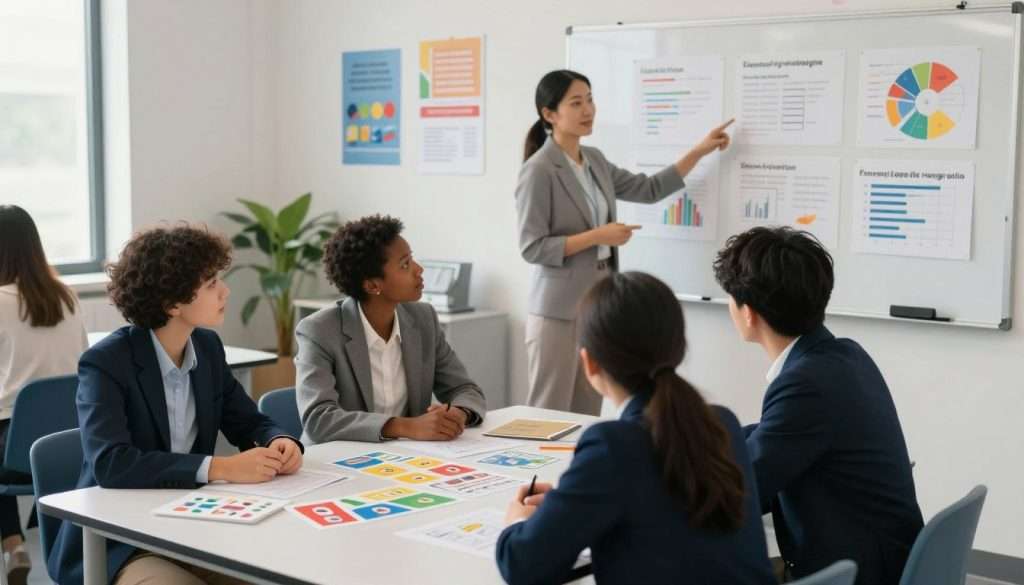 A bright, modern classroom setting that emphasizes evidence-based learning, featuring diverse students of various ethnic backgrounds engaged in collaborative learning activities. In the foreground, a group of three students, dressed in professional business attire, are gathered around a table covered with colorful learning materials, such as diagrams and flashcards. In the middle ground, a teacher facilitates a discussion, pointing at a whiteboard filled with charts and statistics illustrating effective learning strategies. The background shows a wall with motivational posters about learning and growth. Soft, natural lighting filters through large windows, creating an inviting and focused atmosphere. The angle is slightly elevated, capturing the interactive dynamic of the class while ensuring clarity of the learning materials. The overall mood is energetic and supportive, reflecting a commitment to effective, evidence-based educational practices.