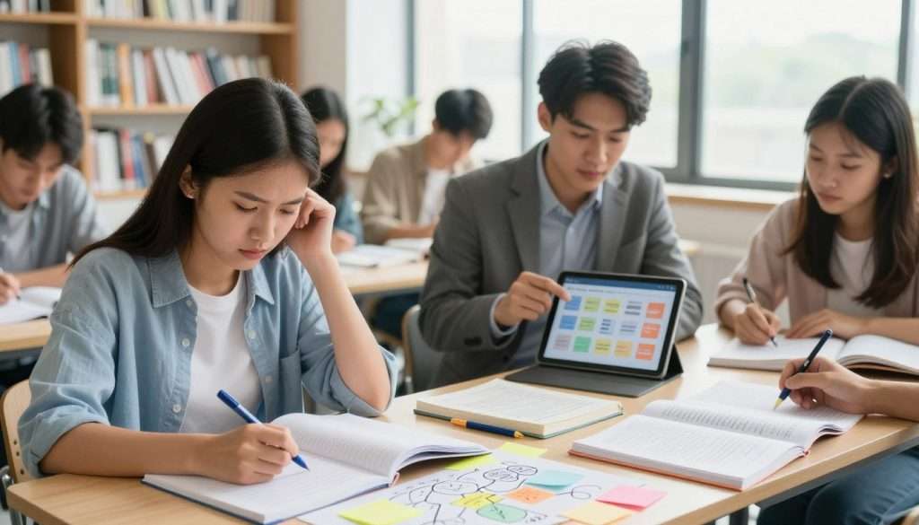 A bright, modern study space filled with diverse students actively engaging with their textbooks and notes. In the foreground, a young woman in smart casual clothing is squinting thoughtfully at her open notebook, while using colorful sticky notes and highlighters to create a mind map. In the middle ground, a man in business attire is discussing concepts with a fellow student, pointing at a shared tablet displaying a digital flashcard. The background showcases bookshelves lined with educational texts, and a large window bathing the room in natural light, creating a focused yet energetic atmosphere. Soft, warm lighting accentuates their concentration and enthusiasm, capturing the essence of active learning and engagement.