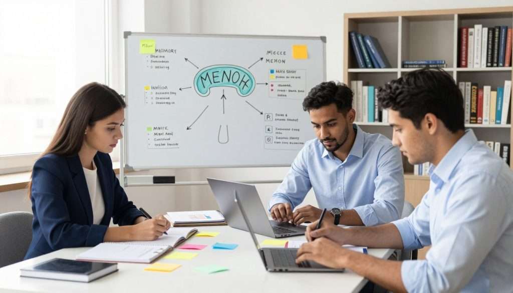 A bright, organized workspace is featured in the foreground, showcasing a diverse group of three professionals—one woman in a smart blazer, and two men in formal shirts, all intently focused on their tasks. They are seated around a table cluttered with notebooks, colorful sticky notes, and a laptop displaying graphs of memory performance. In the middle, a large whiteboard is covered in diagrams of memory techniques, including mnemonics and revision strategies, illuminated by soft, natural light from a nearby window. The background features a bookshelf filled with psychology and self-help books, enhancing the intellectual atmosphere. The mood conveys determination and insight, promoting a sense of progress in memory enhancement. The scene is captured from a slightly elevated angle, emphasizing collaboration and focus without any distractions. A bright, organized workspace is featured in the foreground, showcasing a diverse group of three professionals—one woman in a smart blazer, and two men in formal shirts, all intently focused on their tasks. They are seated around a table cluttered with notebooks, colorful sticky notes, and a laptop displaying graphs of memory performance. In the middle, a large whiteboard is covered in diagrams of memory techniques, including mnemonics and revision strategies, illuminated by soft, natural light from a nearby window. The background features a bookshelf filled with psychology and self-help books, enhancing the intellectual atmosphere. The mood conveys determination and insight, promoting a sense of progress in memory enhancement. The scene is captured from a slightly elevated angle, emphasizing collaboration and focus without any distractions.