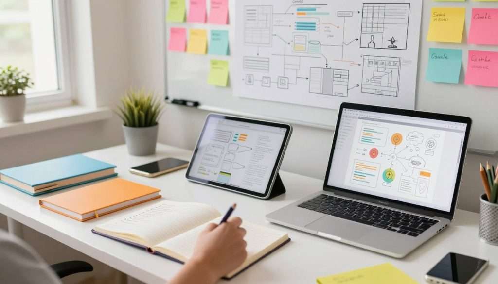 A bright, well-organized workspace filled with an array of colorful notebooks, sticky notes, and digital devices like a tablet and laptop displaying outlines, mind maps, and charts on the screens. In the foreground, a hand is seen writing in a notebook, showcasing neat, bulleted notes. The middle ground features a large whiteboard filled with intricate diagrams and charts, demonstrating complex information visually. The background includes a window that lets in natural light, highlighting the vibrant colors of the notes. The atmosphere is focused and productive, with a slight motivational tone. Use a soft, diffused light to create a warm, inviting feeling, shot from a slightly elevated angle to capture the entire scene. A bright, well-organized workspace filled with an array of colorful notebooks, sticky notes, and digital devices like a tablet and laptop displaying outlines, mind maps, and charts on the screens. In the foreground, a hand is seen writing in a notebook, showcasing neat, bulleted notes. The middle ground features a large whiteboard filled with intricate diagrams and charts, demonstrating complex information visually. The background includes a window that lets in natural light, highlighting the vibrant colors of the notes. The atmosphere is focused and productive, with a slight motivational tone. Use a soft, diffused light to create a warm, inviting feeling, shot from a slightly elevated angle to capture the entire scene.