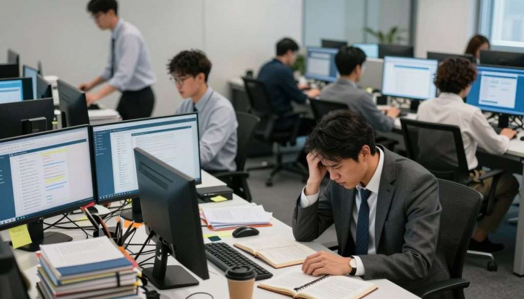 A busy office workspace showcasing the conflict between productivity and multitasking. In the foreground, a professional in business attire, looking stressed, is surrounded by multiple screens displaying various tasks. In the middle, a cluttered desk filled with notebooks, sticky notes, and a coffee cup, symbolizing chaos. In the background, blurred figures of coworkers juggling their own tasks, moving hurriedly, creating a sense of urgency. The lighting is bright yet slightly harsh, casting sharp shadows that enhance the tension in the scene. Use a wide-angle lens to capture the depth of the workspace and convey a feeling of overwhelming activity. The overall mood should be intense and chaotic, reflecting the struggle between productivity and the distractions of multitasking. A busy office workspace showcasing the conflict between productivity and multitasking. In the foreground, a professional in business attire, looking stressed, is surrounded by multiple screens displaying various tasks. In the middle, a cluttered desk filled with notebooks, sticky notes, and a coffee cup, symbolizing chaos. In the background, blurred figures of coworkers juggling their own tasks, moving hurriedly, creating a sense of urgency. The lighting is bright yet slightly harsh, casting sharp shadows that enhance the tension in the scene. Use a wide-angle lens to capture the depth of the workspace and convey a feeling of overwhelming activity. The overall mood should be intense and chaotic, reflecting the struggle between productivity and the distractions of multitasking.