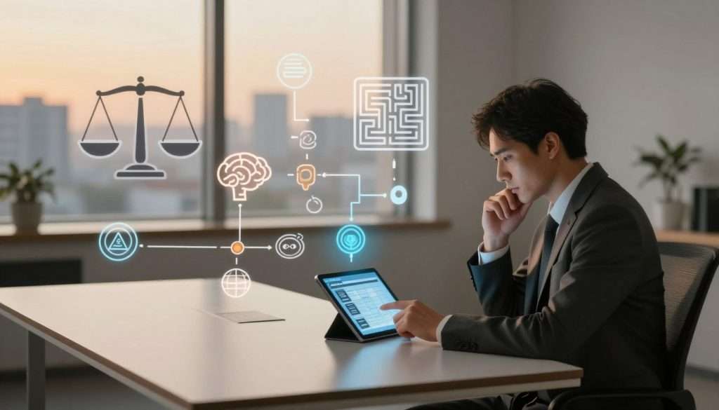 A complex visualization illustrating cognitive biases and decision-making strategies. In the foreground, a thoughtful professional in business attire sits at a large, modern desk, analyzing a decision matrix on a digital tablet. In the middle ground, various symbolic icons representing cognitive biases, such as a scale for opportunity cost and a maze for decision pathways, emerge dynamically around the desk. In the background, a softly blurred cityscape through a window represents the broader consequences of decisions. The lighting is warm and inviting, creating a contemplative atmosphere with subtle shadows. Utilize a wide-angle lens to capture the depth of the scene, imbuing a sense of focus on the subject while maintaining an informative backdrop. The overall mood should be reflective yet hopeful, encouraging viewers to ponder their own decision-making processes.
