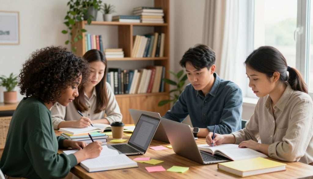 A cozy and inspirational study space filled with learning materials. In the foreground, a diverse group of three individuals—one woman of African descent, one man of Asian descent, and one woman of Caucasian descent—are seated at a wooden table, deeply engaged in studying and collaborating. They are dressed in professional casual attire, surrounded by open books, laptops, and colorful sticky notes. In the middle ground, a large bookshelf overflowing with reference books and a potted plant add life to the space. The background shows a softly lit room with natural light streaming in through a window, creating a warm and inviting atmosphere. The mood is focused and productive, emphasizing the commitment to daily learning practices. Use soft focus and a slightly angled perspective to enhance a sense of depth. A cozy and inspirational study space filled with learning materials. In the foreground, a diverse group of three individuals—one woman of African descent, one man of Asian descent, and one woman of Caucasian descent—are seated at a wooden table, deeply engaged in studying and collaborating. They are dressed in professional casual attire, surrounded by open books, laptops, and colorful sticky notes. In the middle ground, a large bookshelf overflowing with reference books and a potted plant add life to the space. The background shows a softly lit room with natural light streaming in through a window, creating a warm and inviting atmosphere. The mood is focused and productive, emphasizing the commitment to daily learning practices. Use soft focus and a slightly angled perspective to enhance a sense of depth.