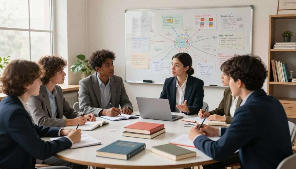 A cozy and inviting study space filled with diverse learning materials. In the foreground, a group of diverse students, dressed in professional business attire, are seated around a circular table, engaged in animated discussions. Books, notebooks, and a laptop are spread across the table, showcasing various subjects like math, science, and literature. In the middle ground, a large whiteboard displays colorful mind maps and notes, emphasizing interconnected ideas and subjects. The background features a window with soft, natural light streaming in, casting a warm glow, enhancing the atmosphere of deep focus and collaboration. The overall mood is energetic and intellectually stimulating, illustrating the concept of mixing subjects for deeper learning. A cozy and inviting study space filled with diverse learning materials. In the foreground, a group of diverse students, dressed in professional business attire, are seated around a circular table, engaged in animated discussions. Books, notebooks, and a laptop are spread across the table, showcasing various subjects like math, science, and literature. In the middle ground, a large whiteboard displays colorful mind maps and notes, emphasizing interconnected ideas and subjects. The background features a window with soft, natural light streaming in, casting a warm glow, enhancing the atmosphere of deep focus and collaboration. The overall mood is energetic and intellectually stimulating, illustrating the concept of mixing subjects for deeper learning.