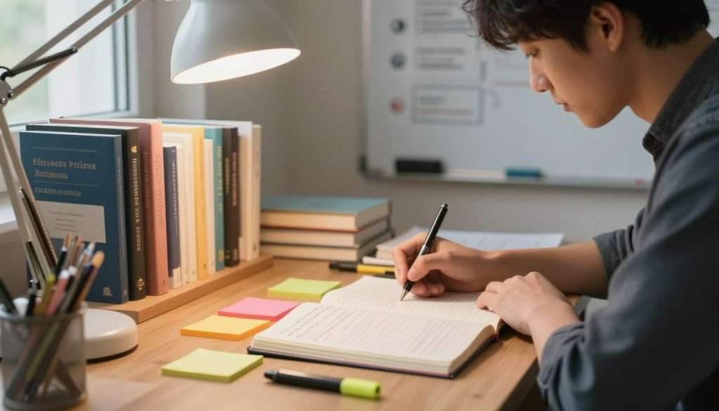 A cozy study environment depicting a serene desk scene featuring an open notebook filled with neatly organized notes, colorful sticky flags, and a highlighter. In the foreground, a focused student in smart casual attire diligently writes with a fountain pen, illuminated by warm, soft lighting from a nearby desk lamp. In the middle, shelves lined with books on effective study techniques and personal organization, and a whiteboard covered with brainstorming ideas in the background. The overall mood is calm and productive, encouraging a sense of effective learning and note-taking strategies, with a hint of natural light filtering through a window to add a touch of inspiration. A cozy study environment depicting a serene desk scene featuring an open notebook filled with neatly organized notes, colorful sticky flags, and a highlighter. In the foreground, a focused student in smart casual attire diligently writes with a fountain pen, illuminated by warm, soft lighting from a nearby desk lamp. In the middle, shelves lined with books on effective study techniques and personal organization, and a whiteboard covered with brainstorming ideas in the background. The overall mood is calm and productive, encouraging a sense of effective learning and note-taking strategies, with a hint of natural light filtering through a window to add a touch of inspiration.