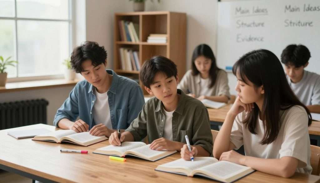 A cozy study environment featuring a diverse group of three students engaged in reading comprehension activities. In the foreground, two students—one male, one female—are seated at a wooden table with open books, highlighters, and notepads. They are intently discussing main ideas and inferences, their expressions thoughtful and focused. The middle ground includes a bookshelf filled with various educational materials, and a large window allowing soft, natural light to pour into the room, creating a warm atmosphere. In the background, a whiteboard displays key concepts like “Main Ideas”, “Structure”, and “Evidence”. The overall mood should be inviting and studious, with a slight blur effect to emphasize the subjects in focus. Ideal for an insightful learning atmosphere, captured in a slightly elevated angle for depth. A cozy study environment featuring a diverse group of three students engaged in reading comprehension activities. In the foreground, two students—one male, one female—are seated at a wooden table with open books, highlighters, and notepads. They are intently discussing main ideas and inferences, their expressions thoughtful and focused. The middle ground includes a bookshelf filled with various educational materials, and a large window allowing soft, natural light to pour into the room, creating a warm atmosphere. In the background, a whiteboard displays key concepts like “Main Ideas”, “Structure”, and “Evidence”. The overall mood should be inviting and studious, with a slight blur effect to emphasize the subjects in focus. Ideal for an insightful learning atmosphere, captured in a slightly elevated angle for depth.