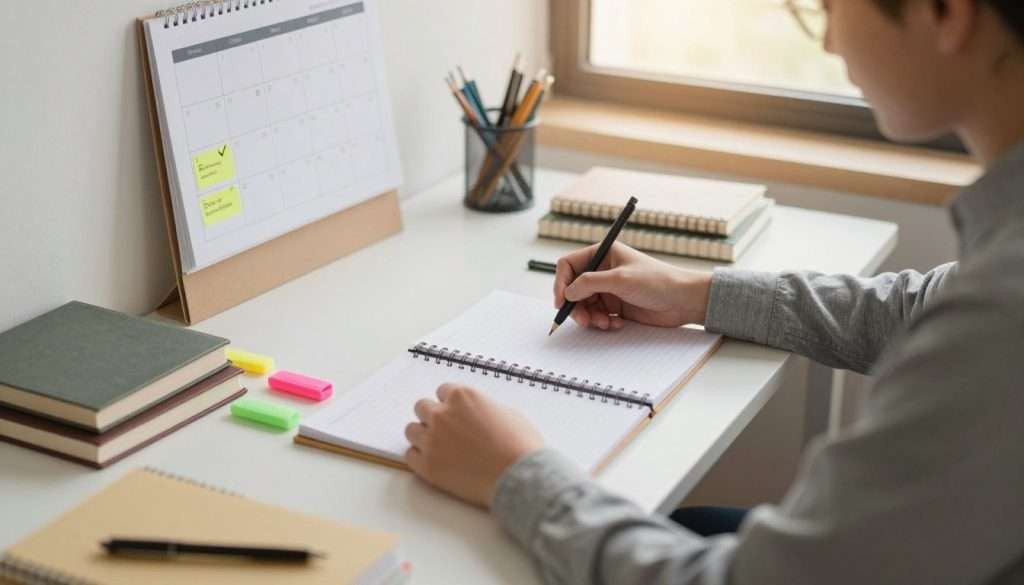 A cozy study environment featuring a well-organized desk with a planner, colorful highlighters, and neatly stacked notebooks. In the foreground, a person in smart casual attire is reviewing notes, looking focused and thoughtful. Their posture is relaxed yet engaged, suggesting a sense of routine and intent. The middle ground displays a wall-mounted calendar with checkmarks and reminders for note review sessions. In the background, a large window lets in soft, warm light, creating a calm and inspiring atmosphere. The angle is slightly overhead, capturing both the workspace and the subject's expression, emphasizing a sense of productivity and motivation. The scene conveys an inviting, scholarly mood, encouraging effective study habits. A cozy study environment featuring a well-organized desk with a planner, colorful highlighters, and neatly stacked notebooks. In the foreground, a person in smart casual attire is reviewing notes, looking focused and thoughtful. Their posture is relaxed yet engaged, suggesting a sense of routine and intent. The middle ground displays a wall-mounted calendar with checkmarks and reminders for note review sessions. In the background, a large window lets in soft, warm light, creating a calm and inspiring atmosphere. The angle is slightly overhead, capturing both the workspace and the subject's expression, emphasizing a sense of productivity and motivation. The scene conveys an inviting, scholarly mood, encouraging effective study habits.