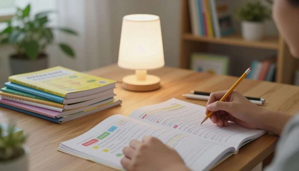 A cozy study environment featuring a wooden desk with an open book and colorful reading comprehension exercises spread across it. In the foreground, a pair of hands holding a pencil highlights a writing response next to the exercises. In the middle, a softly lit lamp casts a warm glow over a stack of educational resources, including notebooks and reference guides, creating an inviting atmosphere for studying. In the background, a bookshelf filled with various educational materials and plants adds a touch of greenery and life to the scene. The image should have a slight depth of field effect, with soft bokeh to emphasize the foreground objects, evoking a calm and focused mood, perfect for a student's study corner. A cozy study environment featuring a wooden desk with an open book and colorful reading comprehension exercises spread across it. In the foreground, a pair of hands holding a pencil highlights a writing response next to the exercises. In the middle, a softly lit lamp casts a warm glow over a stack of educational resources, including notebooks and reference guides, creating an inviting atmosphere for studying. In the background, a bookshelf filled with various educational materials and plants adds a touch of greenery and life to the scene. The image should have a slight depth of field effect, with soft bokeh to emphasize the foreground objects, evoking a calm and focused mood, perfect for a student's study corner.