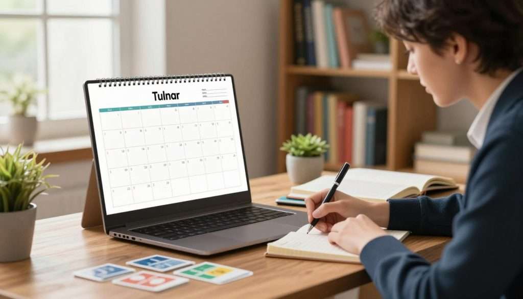 A cozy study environment featuring a wooden desk with neatly arranged study materials including notebooks, flashcards, and a comfortable laptop. In the foreground, a focused student sits in a professional outfit, jotting down notes with a pen, depicting concentration. The middle layer showcases a wall-mounted calendar with spaced repetition schedules clearly visible, emphasizing organization. The background presents a warm, softly lit room with bookshelves filled with colorful books and a small plant adding a touch of greenery. Natural light filters through a nearby window, creating a serene and motivating atmosphere for effective studying, accentuating the theme of memory improvement through structured routines. The overall mood is one of productivity and clarity, ideal for enhancing cognitive retention. A cozy study environment featuring a wooden desk with neatly arranged study materials including notebooks, flashcards, and a comfortable laptop. In the foreground, a focused student sits in a professional outfit, jotting down notes with a pen, depicting concentration. The middle layer showcases a wall-mounted calendar with spaced repetition schedules clearly visible, emphasizing organization. The background presents a warm, softly lit room with bookshelves filled with colorful books and a small plant adding a touch of greenery. Natural light filters through a nearby window, creating a serene and motivating atmosphere for effective studying, accentuating the theme of memory improvement through structured routines. The overall mood is one of productivity and clarity, ideal for enhancing cognitive retention.