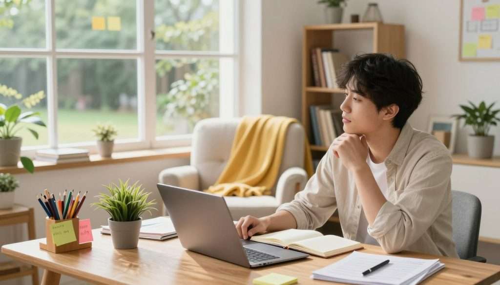A cozy study environment in a bright, airy room filled with natural light streaming through large windows. In the foreground, a young adult dressed in casual, comfortable clothing sits at a wooden desk, looking thoughtfully at an open notebook and a laptop. Surrounding the desk are motivational study materials, including colorful sticky notes and a potted plant. In the middle, soft, inviting furnishings like a plush chair and a warm throw blanket create a sense of comfort, while a nearby bookshelf is filled with various books and personal items. The background features a serene view of a sunny outdoor garden through the window, enhancing the feeling of tranquility and motivation. The overall mood is uplifting and focused, conveying a peaceful yet productive study atmosphere. A cozy study environment in a bright, airy room filled with natural light streaming through large windows. In the foreground, a young adult dressed in casual, comfortable clothing sits at a wooden desk, looking thoughtfully at an open notebook and a laptop. Surrounding the desk are motivational study materials, including colorful sticky notes and a potted plant. In the middle, soft, inviting furnishings like a plush chair and a warm throw blanket create a sense of comfort, while a nearby bookshelf is filled with various books and personal items. The background features a serene view of a sunny outdoor garden through the window, enhancing the feeling of tranquility and motivation. The overall mood is uplifting and focused, conveying a peaceful yet productive study atmosphere.
