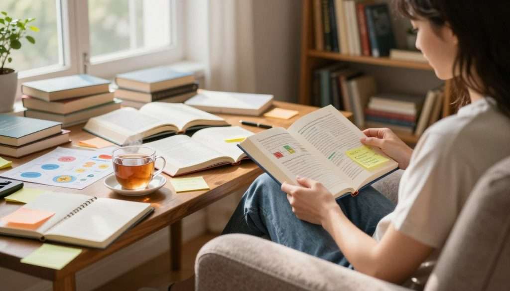 A cozy study environment showcasing effective reading retention methods. In the foreground, a focused individual in smart casual attire, seated comfortably in a plush armchair, surrounded by an array of colorful sticky notes, a notebook, and a steaming cup of tea. In the middle, a wooden table cluttered with open books, highlighting visual aids like infographics and diagrams that symbolize memory techniques. The background reveals a warm, softly-lit bookshelf filled with various genres of books, with sunlight pouring in through a large window, creating a serene atmosphere. The image conveys a sense of tranquility and focus, perfect for illustrating the concept of a repeatable reading retention routine, captured with a slightly blurred effect to emphasize the central subject.
