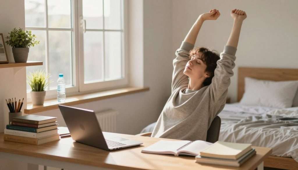 A cozy study environment showcasing effective study habits. In the foreground, a student in modest casual clothing is seated at a clutter-free desk with a laptop, surrounded by organized textbooks and study materials. The student is taking a break, stretching their arms above their head, embodying the importance of rest. In the middle ground, sunlight streams through a large window, casting a warm, inviting glow on the scene. On a nearby shelf, a small potted plant and a water bottle symbolize basic health habits. In the background, a soft bed with neatly arranged pillows indicates a reminder of sufficient sleep. The overall atmosphere conveys a sense of balance, tranquility, and motivation, encouraging healthy study practices.