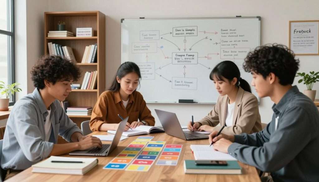 A cozy study environment showcasing effective study techniques. In the foreground, a diverse group of three students, dressed in professional casual clothing, are engaged in a collaborative study session around a large wooden table filled with colorful flashcards, textbooks, and a laptop. The middle ground features a whiteboard filled with flowcharts and diagrams representing various study methods like mind mapping and spaced repetition. In the background, a well-organized bookshelf displays educational materials and motivational quotes, bathed in warm, natural light streaming through a large window. The atmosphere is focused and positive, emphasizing productivity and collaboration. The image captures a sense of diligence and creativity, ideal for inspiring effective study habits. A cozy study environment showcasing effective study techniques. In the foreground, a diverse group of three students, dressed in professional casual clothing, are engaged in a collaborative study session around a large wooden table filled with colorful flashcards, textbooks, and a laptop. The middle ground features a whiteboard filled with flowcharts and diagrams representing various study methods like mind mapping and spaced repetition. In the background, a well-organized bookshelf displays educational materials and motivational quotes, bathed in warm, natural light streaming through a large window. The atmosphere is focused and positive, emphasizing productivity and collaboration. The image captures a sense of diligence and creativity, ideal for inspiring effective study habits.