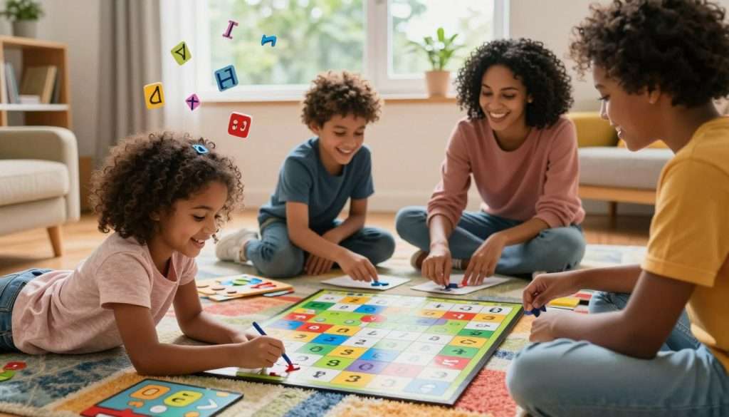 A cozy study room filled with vibrant colors, depicting a diverse group of individuals engaged in playful math activities. In the foreground, a young girl joyfully solving a puzzle on a colorful rug, with math symbols and equations floating around her. In the middle, a boy and a woman are sitting at a table, laughing while playing a board game that incorporates math challenges. The background features a sunny window with greenery outside, adding a warm ambiance. Soft, natural lighting pours in, enhancing the inviting atmosphere. The scene captures a sense of community and excitement around learning, with a focus on collaboration and fun. The image is taken from a slightly elevated angle to capture all participants in this engaging learning environment.