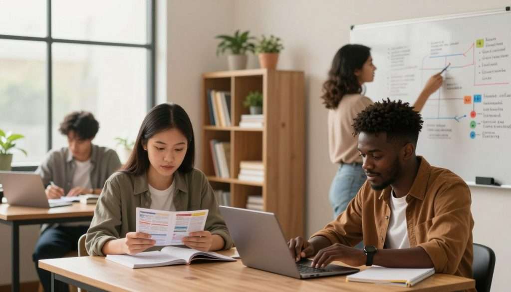 A cozy study space featuring a diverse group of three students actively engaging in spaced repetition for effective exam preparation. In the foreground, a focused Asian female student in smart casual attire reviews flashcards, while a Black male student attentively takes notes on a laptop. A Hispanic female student stands nearby, pointing at a whiteboard filled with colorful diagrams and key concepts. In the middle ground, a small bookshelf with organized study materials and potted plants creates a welcoming atmosphere. The background shows large windows letting in warm, soft natural light, adding a peaceful vibe. The overall mood is collaborative and productive, emphasizing focus and teamwork in a modern study environment.