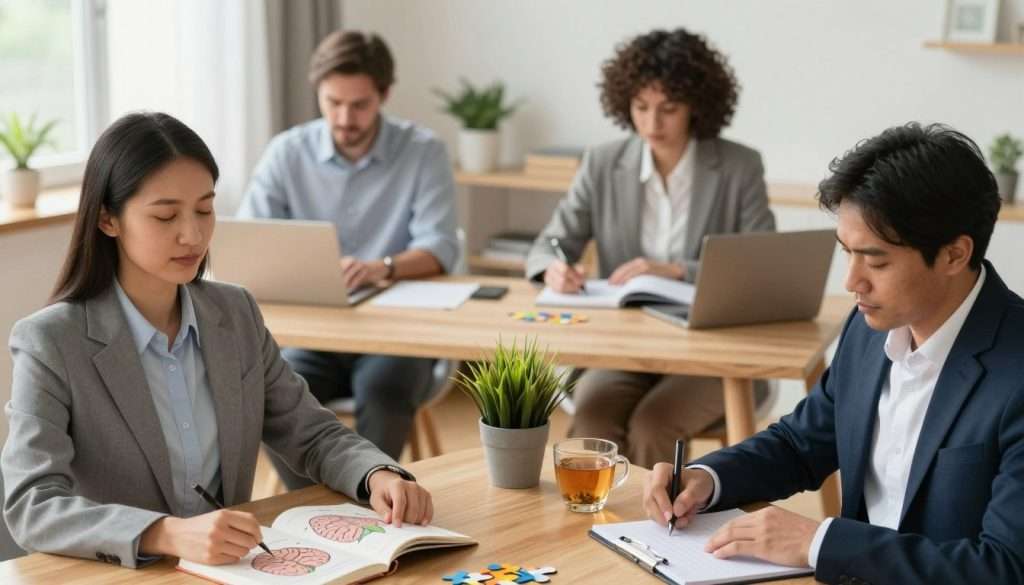 A cozy, well-lit home office scene that emphasizes daily habits for improving working memory. In the foreground, a diverse group of three individuals, dressed in professional business attire, are engaged in various cognitive exercises: one is practicing mindfulness with closed eyes, another is writing in a notebook, and the third is solving a puzzle. The middle layer features a wooden desk with a brain-training book, a small plant for a calming effect, and a cup of herbal tea, symbolizing relaxation and focus. In the background, a window allows soft, natural light to stream in, illuminating the space and creating a warm, inviting atmosphere. The overall mood is productive and encouraging, showcasing the positive impact of daily habits on memory enhancement. A cozy, well-lit home office scene that emphasizes daily habits for improving working memory. In the foreground, a diverse group of three individuals, dressed in professional business attire, are engaged in various cognitive exercises: one is practicing mindfulness with closed eyes, another is writing in a notebook, and the third is solving a puzzle. The middle layer features a wooden desk with a brain-training book, a small plant for a calming effect, and a cup of herbal tea, symbolizing relaxation and focus. In the background, a window allows soft, natural light to stream in, illuminating the space and creating a warm, inviting atmosphere. The overall mood is productive and encouraging, showcasing the positive impact of daily habits on memory enhancement.