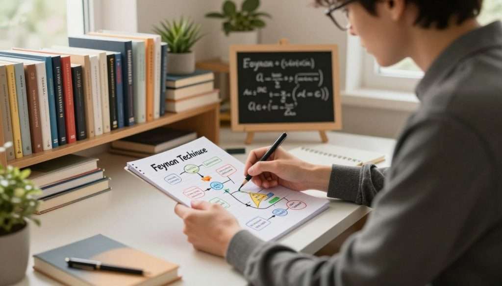 A cozy, well-lit study room filled with books and notebooks. In the foreground, a focused individual in a smart-casual outfit, sitting at a desk, is engaged in explaining complex concepts using colorful diagrams on a notepad. The scene captures the essence of the Feynman Technique, with visual representations of ideas like flowcharts and arrows. In the middle, shelves lined with educational books and a small chalkboard with formulas can be seen, enhancing the intellectual atmosphere. Soft, warm lighting creates a welcoming mood, with sunlight filtering through a window in the background, illuminating plants and creating a serene ambiance. The perspective is slightly angled to emphasize the individual’s interactions with their materials, inviting viewers into the learning process. A cozy, well-lit study room filled with books and notebooks. In the foreground, a focused individual in a smart-casual outfit, sitting at a desk, is engaged in explaining complex concepts using colorful diagrams on a notepad. The scene captures the essence of the Feynman Technique, with visual representations of ideas like flowcharts and arrows. In the middle, shelves lined with educational books and a small chalkboard with formulas can be seen, enhancing the intellectual atmosphere. Soft, warm lighting creates a welcoming mood, with sunlight filtering through a window in the background, illuminating plants and creating a serene ambiance. The perspective is slightly angled to emphasize the individual’s interactions with their materials, inviting viewers into the learning process.