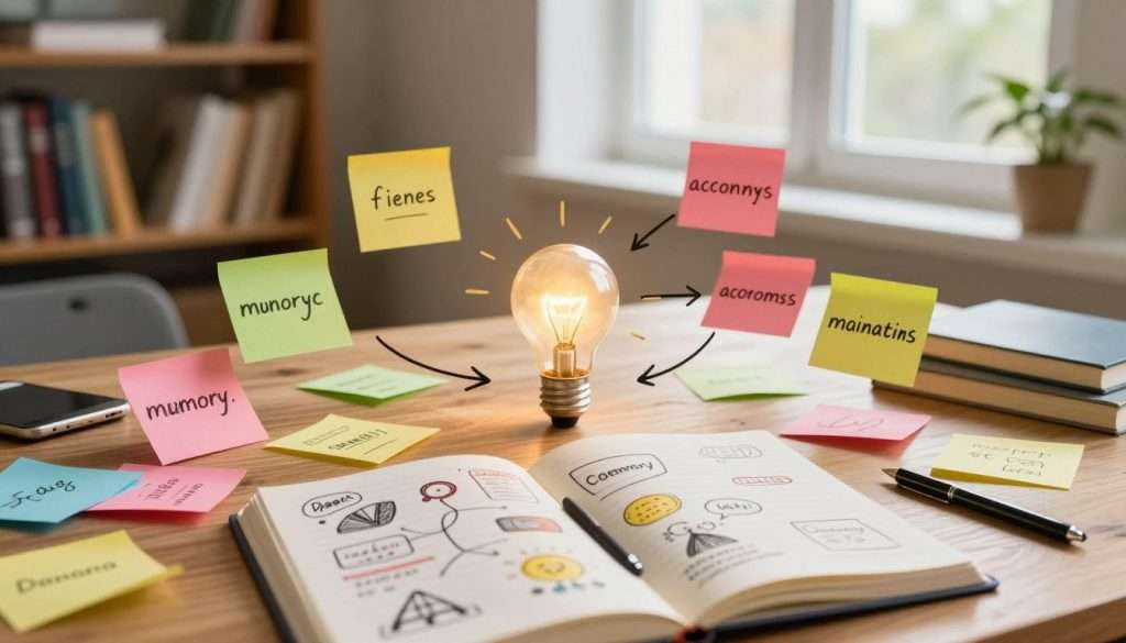 A creative workspace illustrating the concept of mnemonic devices, featuring a central desk cluttered with colorful sticky notes showcasing vivid images and keywords associated with memory techniques. In the foreground, an open notebook filled with doodles and diagrams related to memory aids. The middle ground displays a light bulb symbolizing ideas, surrounded by arrows pointing towards different mnemonic strategies, like acronyms and visualization techniques. In the background, a bookshelf filled with educational materials, softly illuminated by warm, natural light coming through a window, creating an inspiring atmosphere. The scene is captured with a wide-angle lens, emphasizing depth and inviting viewers to explore the creative process of remembering difficult information. A calm, focused mood pervades the image, encouraging an effective learning environment. A creative workspace illustrating the concept of mnemonic devices, featuring a central desk cluttered with colorful sticky notes showcasing vivid images and keywords associated with memory techniques. In the foreground, an open notebook filled with doodles and diagrams related to memory aids. The middle ground displays a light bulb symbolizing ideas, surrounded by arrows pointing towards different mnemonic strategies, like acronyms and visualization techniques. In the background, a bookshelf filled with educational materials, softly illuminated by warm, natural light coming through a window, creating an inspiring atmosphere. The scene is captured with a wide-angle lens, emphasizing depth and inviting viewers to explore the creative process of remembering difficult information. A calm, focused mood pervades the image, encouraging an effective learning environment.