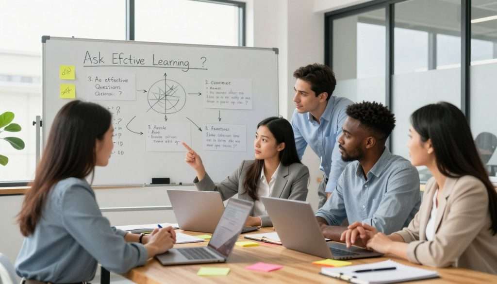 A creatively designed workspace illustrating the concept of active learning through skill development. In the foreground, a group of three diverse professionals—one woman of Asian descent, one man of Black descent, and one woman of Hispanic descent—are collaborating energetically at a stylish wooden table, surrounded by laptops, notepads, and colorful sticky notes. They are all dressed in professional business attire, with focused expressions as they discuss ideas. The middle layer includes a large whiteboard filled with diagrams and questions, showcasing tips on asking effective questions for active learning. In the background, bright natural light filters through large windows, creating an inviting atmosphere. The overall mood is productive and inspiring, aimed at fostering creativity and engagement in learning. A creatively designed workspace illustrating the concept of active learning through skill development. In the foreground, a group of three diverse professionals—one woman of Asian descent, one man of Black descent, and one woman of Hispanic descent—are collaborating energetically at a stylish wooden table, surrounded by laptops, notepads, and colorful sticky notes. They are all dressed in professional business attire, with focused expressions as they discuss ideas. The middle layer includes a large whiteboard filled with diagrams and questions, showcasing tips on asking effective questions for active learning. In the background, bright natural light filters through large windows, creating an inviting atmosphere. The overall mood is productive and inspiring, aimed at fostering creativity and engagement in learning.