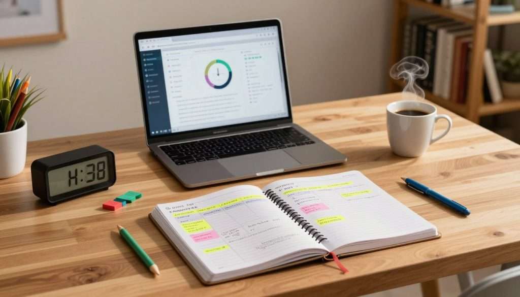 A detailed study schedule displayed on a bright wooden desk, surrounded by colorful stationery. In the foreground, an open planner with organized study blocks, sticky notes highlighting important tasks, and a digital clock showing the time. In the middle ground, a laptop with a study app open, featuring a timer and progress tracker, alongside a steaming cup of coffee. The background features a softly lit room with a bookshelf filled with textbooks and inspirational quotes. Warm, inviting lighting casts gentle shadows, creating a focused and motivational atmosphere. The scene should evoke a sense of calm productivity, suitable for a professional study environment. Opt for a slightly elevated perspective to capture all elements harmoniously.