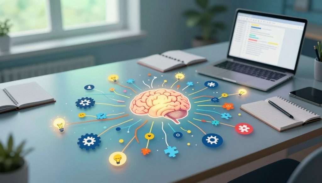 A detailed visualization of cognitive mapping, showcasing a dynamic mind map in vibrant colors. Foreground features prominent primary branches extending outwards from a central idea, depicted as a glowing brain. Each branch is adorned with floating icons representing various concepts, such as light bulbs, gears, and puzzle pieces, symbolizing ideas and connections. The middle ground displays a workspace with a sleek desk, notebooks scattered around, and a laptop open to a mind mapping software, giving a sense of organized chaos. The background fades into a soft gradient of blues and greens, evoking a calm and focused atmosphere. Natural light filters in from a window to create a warm and inviting ambiance, while a slight tilt from a bird's-eye perspective emphasizes the complexity and structure of the mind map.