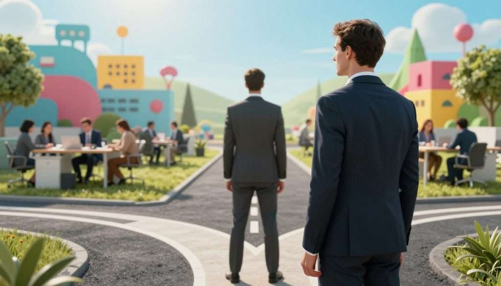 A determined individual stands at a crossroads, gazing confidently toward an unconventional path that diverges from the traditional road behind them. The foreground showcases the person in professional business attire, embodying ambition and courage. In the middle ground, contrasting elements illustrate the familiar environment of a corporate office, with people absorbed in their routines, unaware of the transformative journey unfolding. The background features a vibrant landscape symbolizing innovation, marked by bright colors and abstract shapes representing new possibilities. Soft sunlight filters through the scene, creating an uplifting atmosphere that inspires hope and exploration. The angle captures the individual from a slightly low perspective, emphasizing their resolve to challenge the status quo and embrace first principles thinking. A determined individual stands at a crossroads, gazing confidently toward an unconventional path that diverges from the traditional road behind them. The foreground showcases the person in professional business attire, embodying ambition and courage. In the middle ground, contrasting elements illustrate the familiar environment of a corporate office, with people absorbed in their routines, unaware of the transformative journey unfolding. The background features a vibrant landscape symbolizing innovation, marked by bright colors and abstract shapes representing new possibilities. Soft sunlight filters through the scene, creating an uplifting atmosphere that inspires hope and exploration. The angle captures the individual from a slightly low perspective, emphasizing their resolve to challenge the status quo and embrace first principles thinking.