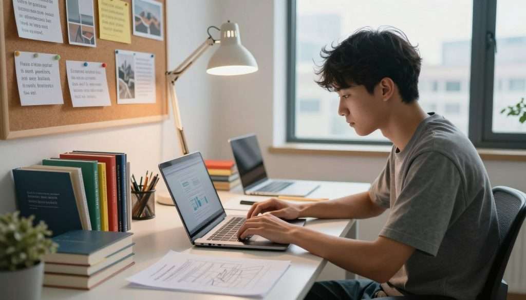 A diligent student sits at a sleek, modern desk, surrounded by an array of colorful books and digital devices, illuminated by soft, warm lighting from a stylish desk lamp. The foreground features the student intently focused on a laptop screen, with notes and diagrams spread out nearby. In the middle ground, a bulletin board filled with inspiring quotes and images represents various skills being learned. The background showcases a large window revealing a bright cityscape, symbolizing opportunity. The atmosphere is one of determination and productivity, evoking a sense of progress and mastery. The scene is captured from a slightly elevated angle, emphasizing the student’s engagement and the dynamic learning environment. A diligent student sits at a sleek, modern desk, surrounded by an array of colorful books and digital devices, illuminated by soft, warm lighting from a stylish desk lamp. The foreground features the student intently focused on a laptop screen, with notes and diagrams spread out nearby. In the middle ground, a bulletin board filled with inspiring quotes and images represents various skills being learned. The background showcases a large window revealing a bright cityscape, symbolizing opportunity. The atmosphere is one of determination and productivity, evoking a sense of progress and mastery. The scene is captured from a slightly elevated angle, emphasizing the student’s engagement and the dynamic learning environment.