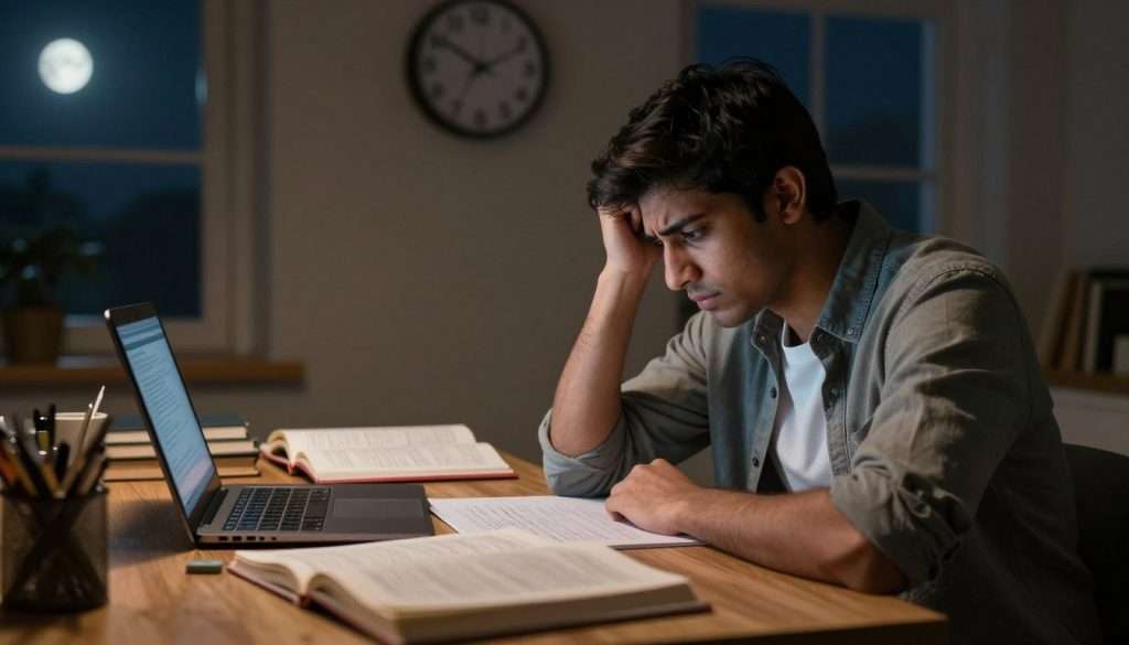 A dimly lit study room at night, showcasing a cluttered desk filled with open textbooks, notebooks, and a laptop casting a soft glow. In the foreground, a young adult of South Asian descent sits, looking fatigued and stressed, wearing comfortable yet tidy casual clothing, clearly struggling to focus. Their brow is furrowed, and they are staring blankly at a page filled with notes. The middle ground features a wall clock indicating late hours, emphasizing the time. In the background, a window reveals a dark night sky, with a faint moonlight illuminating the scene. The overall mood is tense and subdued, capturing the limitations of cognitive performance during night study sessions. Soft shadows and warm lighting create an intimate yet challenging atmosphere, reflecting the difficulty of night studying. A dimly lit study room at night, showcasing a cluttered desk filled with open textbooks, notebooks, and a laptop casting a soft glow. In the foreground, a young adult of South Asian descent sits, looking fatigued and stressed, wearing comfortable yet tidy casual clothing, clearly struggling to focus. Their brow is furrowed, and they are staring blankly at a page filled with notes. The middle ground features a wall clock indicating late hours, emphasizing the time. In the background, a window reveals a dark night sky, with a faint moonlight illuminating the scene. The overall mood is tense and subdued, capturing the limitations of cognitive performance during night study sessions. Soft shadows and warm lighting create an intimate yet challenging atmosphere, reflecting the difficulty of night studying.