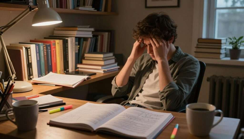 A dimly lit study room captures a weary student seated at a cluttered desk. The foreground features an open notebook filled with scribbled notes, coffee cups, and scattered highlighters, symbolizing exhaustion. In the middle, the focused student, dressed in comfortable, modest casual clothing, leans back in a chair, rubbing their temples in frustration, surrounded by bookshelves filled with textbooks and study materials. The background has warm lighting from a desk lamp casting soft shadows, creating a cozy yet tired atmosphere. A window shows faint daylight outside, suggesting it's late afternoon. The overall mood reflects the struggle of studying while fatigued, emphasizing the need for effective planning. A dimly lit study room captures a weary student seated at a cluttered desk. The foreground features an open notebook filled with scribbled notes, coffee cups, and scattered highlighters, symbolizing exhaustion. In the middle, the focused student, dressed in comfortable, modest casual clothing, leans back in a chair, rubbing their temples in frustration, surrounded by bookshelves filled with textbooks and study materials. The background has warm lighting from a desk lamp casting soft shadows, creating a cozy yet tired atmosphere. A window shows faint daylight outside, suggesting it's late afternoon. The overall mood reflects the struggle of studying while fatigued, emphasizing the need for effective planning.
