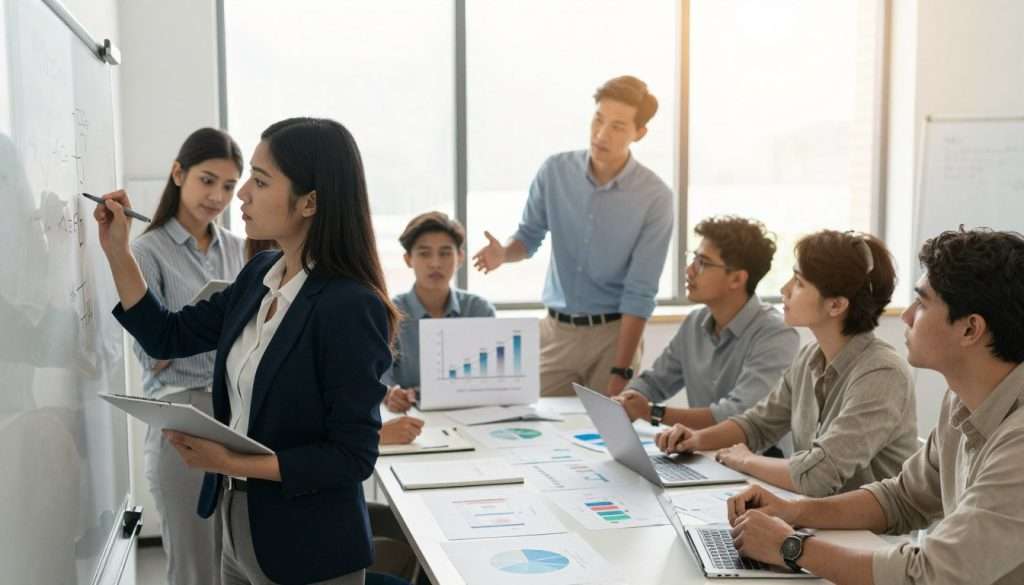 A diverse group of engaged learners gathered around a large table, showcasing varying levels of expertise as they passionately collaborate on a complex task. In the foreground, a woman in professional attire writes notes on a whiteboard, her expression focused and determined. In the middle ground, a man communicates ideas with his colleagues, gesturing toward charts and diagrams highlighting progression through challenges. The background features sunlight streaming through large windows, illuminating the room with a warm, encouraging glow. The overall atmosphere is one of resilience, support, and growth, symbolizing the journey of overcoming difficulties together. The image should have a soft depth of field, emphasizing the subjects while keeping the background slightly blurred, creating a sense of teamwork and motivation.
