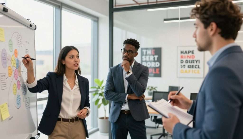 A diverse group of three professionals engaged in a lively brainstorming session in a modern office space. In the foreground, a woman in a smart-casual outfit presents a challenging problem on a whiteboard, while a man in business attire takes notes. The middle ground shows another colleague, dressed in glasses and a tailored suit, deep in thought, analyzing a colorful mind map on a glass wall. Natural light floods the room from large windows, creating an open, inspiring atmosphere. In the background, a plant adds a touch of nature, while motivational artwork adorns the walls. The overall mood is energetic and collaborative, emphasizing a dynamic environment for enhancing problem-solving skills. The image is captured at eye level to foster an intimate connection with the scene. A diverse group of three professionals engaged in a lively brainstorming session in a modern office space. In the foreground, a woman in a smart-casual outfit presents a challenging problem on a whiteboard, while a man in business attire takes notes. The middle ground shows another colleague, dressed in glasses and a tailored suit, deep in thought, analyzing a colorful mind map on a glass wall. Natural light floods the room from large windows, creating an open, inspiring atmosphere. In the background, a plant adds a touch of nature, while motivational artwork adorns the walls. The overall mood is energetic and collaborative, emphasizing a dynamic environment for enhancing problem-solving skills. The image is captured at eye level to foster an intimate connection with the scene.