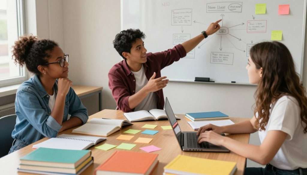 A diverse group of three students, engaged in a dynamic brainstorming session around a large table cluttered with textbooks, notebooks, and colorful sticky notes. The first student, a Black girl with glasses and an expression of curiosity, is deep in thought, hand on her chin. The second, a Hispanic boy, is enthusiastically gesturing toward a mind map drawn on a whiteboard in the background. The third, a Caucasian girl, is typing on a laptop while glancing at her peers, showcasing collaboration. Warm, natural lighting filters through a nearby window, creating an inviting atmosphere. The composition is shot from a high angle, capturing the vibrancy of the students' energy and the rich details of their materials, emphasizing an engaging and supportive learning environment.