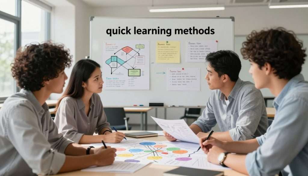 A dynamic and engaging study environment showcasing "quick learning methods." In the foreground, a diverse group of three individuals—one woman and two men—are seated at a table, intently discussing ideas and reviewing colorful mind maps scattered around them. The woman is wearing a smart blouse while the men are in professional business casual attire. In the middle ground, a large whiteboard filled with diagrams, notes, and strategies for effective learning is visible. The background features a bright, modern classroom with large windows allowing natural light to flood the space, creating an inviting atmosphere. Soft shadows enhance the sense of focus and productivity. The overall mood is inspiring and collaborative, emphasizing the importance of avoiding distractions for efficient learning. A dynamic and engaging study environment showcasing "quick learning methods." In the foreground, a diverse group of three individuals—one woman and two men—are seated at a table, intently discussing ideas and reviewing colorful mind maps scattered around them. The woman is wearing a smart blouse while the men are in professional business casual attire. In the middle ground, a large whiteboard filled with diagrams, notes, and strategies for effective learning is visible. The background features a bright, modern classroom with large windows allowing natural light to flood the space, creating an inviting atmosphere. Soft shadows enhance the sense of focus and productivity. The overall mood is inspiring and collaborative, emphasizing the importance of avoiding distractions for efficient learning.
