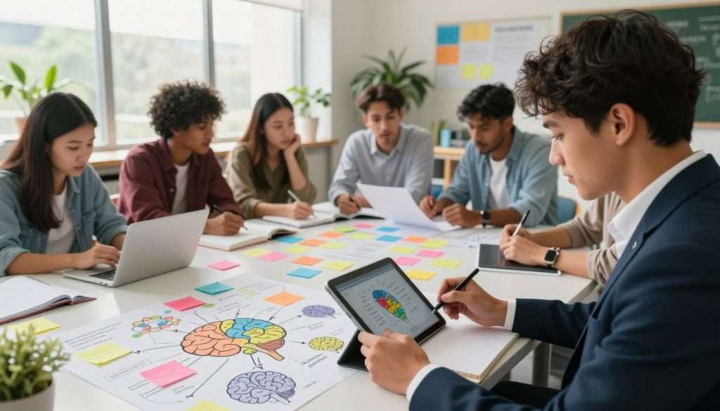 A dynamic classroom setting showcasing diverse individuals engaged in various neuroscience-backed learning techniques. In the foreground, a focused person in professional attire takes notes while using a digital tablet, surrounded by colorful mind maps and brain diagrams illustrating memory techniques. The middle section features a small group collaborating around a desk with vibrant post-it notes, sharing ideas while referencing neuroscience literature. The background shows a large window with natural light streaming in, casting a warm glow over plants and learning materials. The atmosphere is vibrant and energetic, conveying enthusiasm for learning and collaboration, with an emphasis on an interactive and modern educational environment. The image captures the essence of applying neuroscience principles in a practical scenario. A dynamic classroom setting showcasing diverse individuals engaged in various neuroscience-backed learning techniques. In the foreground, a focused person in professional attire takes notes while using a digital tablet, surrounded by colorful mind maps and brain diagrams illustrating memory techniques. The middle section features a small group collaborating around a desk with vibrant post-it notes, sharing ideas while referencing neuroscience literature. The background shows a large window with natural light streaming in, casting a warm glow over plants and learning materials. The atmosphere is vibrant and energetic, conveying enthusiasm for learning and collaboration, with an emphasis on an interactive and modern educational environment. The image captures the essence of applying neuroscience principles in a practical scenario.