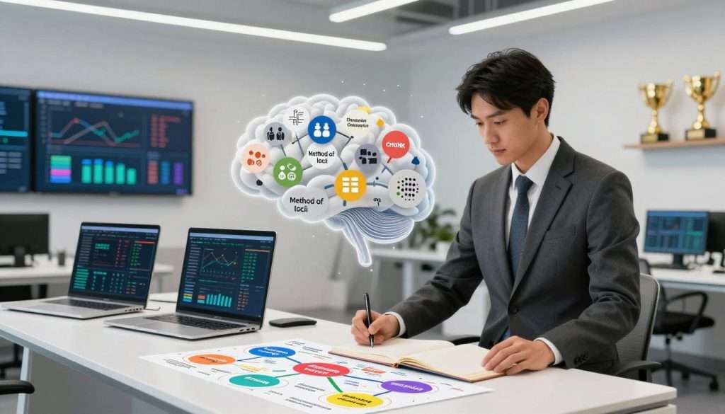 A focused and engaged individual, dressed in professional business attire, stands at a sleek, modern desk filled with notebooks and digital devices displaying complex data visualizations. In the foreground, a mind map bursts with colorful diagrams and interconnected concepts, symbolizing advanced memory strategies. In the middle, large, flowing brain-shaped clouds filled with icons representing techniques like the method of loci, mnemonics, and chunking techniques hover above. The background features a bright office environment with wall-mounted screens showing graphs and memory championship trophies, under a bright and inspiring overhead light. The atmosphere is one of concentration and creativity, suggesting a hub of intellectual activity and innovation in memory improvement.