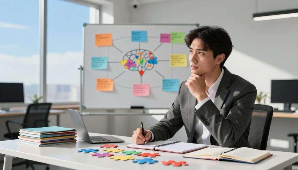 A focused individual in a professional business outfit, seated at a sleek, modern desk stacked with colorful puzzle pieces and notebooks, symbolizes problem-solving skills. The foreground features a thoughtful look on their face, hand resting on chin, suggesting deep contemplation. In the middle ground, a whiteboard filled with mind maps and brainstorming notes displays creative ideas in vibrant colors, illustrating an active thought process. The background reveals a well-lit office space with large windows showcasing a bright blue sky, creating an optimistic atmosphere. Soft daylight filters through, casting gentle shadows and enhancing the ambiance of inspiration and determination. The composition captures a sense of empowerment and clarity, inviting viewers to envision a breakthrough moment in overcoming mental blocks. A focused individual in a professional business outfit, seated at a sleek, modern desk stacked with colorful puzzle pieces and notebooks, symbolizes problem-solving skills. The foreground features a thoughtful look on their face, hand resting on chin, suggesting deep contemplation. In the middle ground, a whiteboard filled with mind maps and brainstorming notes displays creative ideas in vibrant colors, illustrating an active thought process. The background reveals a well-lit office space with large windows showcasing a bright blue sky, creating an optimistic atmosphere. Soft daylight filters through, casting gentle shadows and enhancing the ambiance of inspiration and determination. The composition captures a sense of empowerment and clarity, inviting viewers to envision a breakthrough moment in overcoming mental blocks.