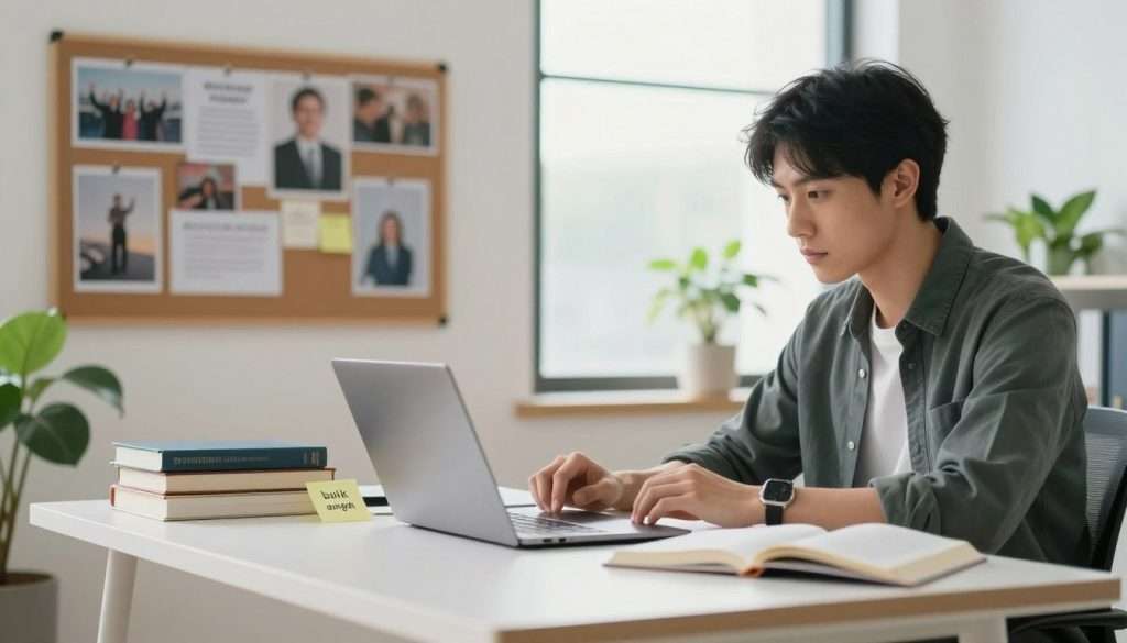 A focused individual sits at a modern desk in a bright, well-lit office space, surrounded by books and a laptop, symbolizing the pursuit of knowledge. In the foreground, a motivational quote is subtly placed on a sticky note on the desk. The person, dressed in smart casual attire, is deeply engaged in study, with a look of determination. In the middle ground, a vision board filled with images of success, goals, and aspirations is pinned to the wall, suggesting a clear commitment to achieving results. The background features a large window with soft, natural light streaming in, enhancing the feeling of clarity and inspiration, while green plants add a touch of vitality. The mood is serene yet energized, reflecting focus and the drive to protect one's learning time and energy.
