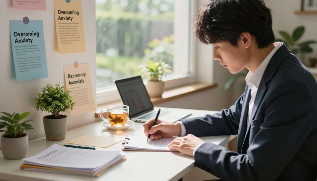 A focused individual sitting at a neat desk, surrounded by study materials and motivational posters, depicts various methods to overcome procrastination. In the foreground, a person dressed in smart casual attire writes a to-do list, symbolizing organization and commitment. The middle layer features a visual representation of overcoming anxiety and perfectionism: calming elements like a small indoor plant and a cup of herbal tea. In the background, a sunlit window reveals a serene garden, reflecting an inviting and uplifting atmosphere. Soft natural lighting bathes the scene, creating a warm and motivational mood, while subtle shadows add depth. The overall composition conveys focus, determination, and a positive mindset, emphasizing effective strategies to combat procrastination. A focused individual sitting at a neat desk, surrounded by study materials and motivational posters, depicts various methods to overcome procrastination. In the foreground, a person dressed in smart casual attire writes a to-do list, symbolizing organization and commitment. The middle layer features a visual representation of overcoming anxiety and perfectionism: calming elements like a small indoor plant and a cup of herbal tea. In the background, a sunlit window reveals a serene garden, reflecting an inviting and uplifting atmosphere. Soft natural lighting bathes the scene, creating a warm and motivational mood, while subtle shadows add depth. The overall composition conveys focus, determination, and a positive mindset, emphasizing effective strategies to combat procrastination.