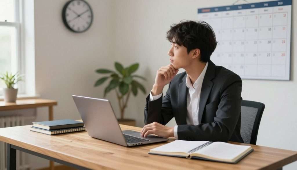 A focused individual sitting at a sleek wooden desk, surrounded by a few neatly organized notebooks and a laptop, emphasizing a productive workspace. The person, dressed in smart business attire, appears to be deep in contemplation, gazing towards a large wall calendar filled with marked deadlines and goals. In the background, a serene wall clock and a potted plant add a touch of calm, while soft, natural light streams through a nearby window, creating a warm and inviting atmosphere. The image captures a moment of determination and concentration, conveying the idea of staying on track despite potential distractions, symbolizing resilience in the face of interruptions and setbacks. The angle is slightly elevated, providing a clear view of both the subject's focused expression and the organized workspace. A focused individual sitting at a sleek wooden desk, surrounded by a few neatly organized notebooks and a laptop, emphasizing a productive workspace. The person, dressed in smart business attire, appears to be deep in contemplation, gazing towards a large wall calendar filled with marked deadlines and goals. In the background, a serene wall clock and a potted plant add a touch of calm, while soft, natural light streams through a nearby window, creating a warm and inviting atmosphere. The image captures a moment of determination and concentration, conveying the idea of staying on track despite potential distractions, symbolizing resilience in the face of interruptions and setbacks. The angle is slightly elevated, providing a clear view of both the subject's focused expression and the organized workspace.