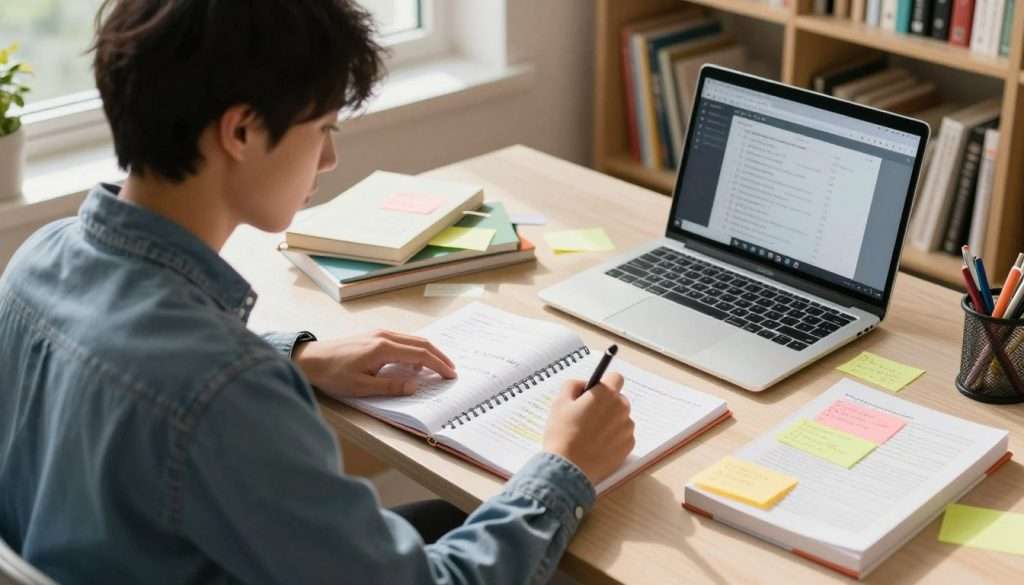 A focused straight-A student sits at a well-organized study desk, surrounded by colorful notes and textbooks. The student, a young person dressed in smart casual attire, is diligently writing in a notebook, highlighting key points from their study materials. Bright, natural light streams in through a nearby window, illuminating the space and creating a warm, inviting atmosphere. In the background, a bookshelf filled with educational resources adds to the scholarly environment. On the desk, an open laptop displays a digital note-taking application, showcasing an effective study plan. The scene captures a sense of concentration and productivity, emphasizing the importance of effective note-taking for better comprehension. The composition should be shot from a slightly elevated angle, giving a clear view of the student's activities and the organized study space. A focused straight-A student sits at a well-organized study desk, surrounded by colorful notes and textbooks. The student, a young person dressed in smart casual attire, is diligently writing in a notebook, highlighting key points from their study materials. Bright, natural light streams in through a nearby window, illuminating the space and creating a warm, inviting atmosphere. In the background, a bookshelf filled with educational resources adds to the scholarly environment. On the desk, an open laptop displays a digital note-taking application, showcasing an effective study plan. The scene captures a sense of concentration and productivity, emphasizing the importance of effective note-taking for better comprehension. The composition should be shot from a slightly elevated angle, giving a clear view of the student's activities and the organized study space.