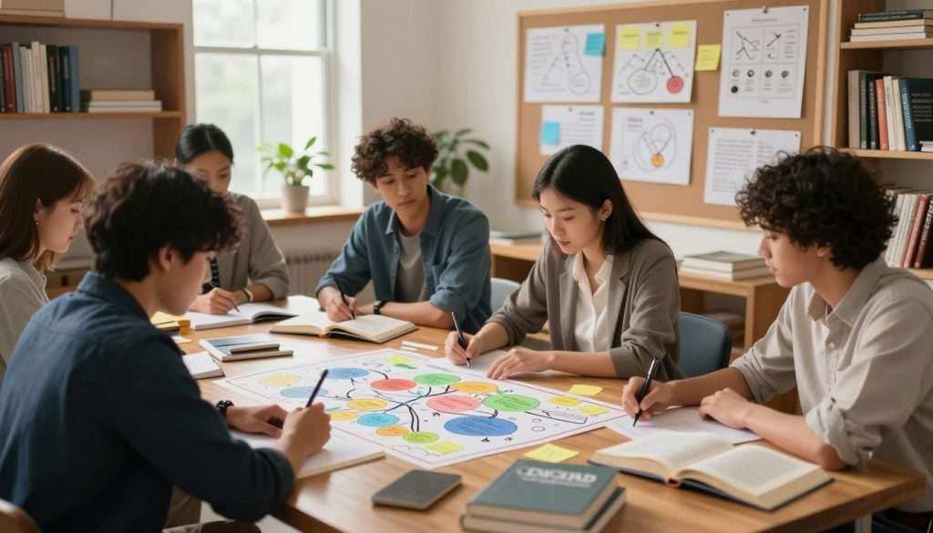 A focused student in a cozy study environment, utilizing memory techniques. In the foreground, a diverse group of students, dressed in professional casual attire, are engaged in deep concentration around a large wooden table scattered with colorful mind maps, sticky notes, and textbooks. The middle ground features various visual aids like diagrams and mnemonic charts pinned to a bulletin board, symbolizing memory techniques. The background displays soft, natural lighting streaming through a window, illuminating bookshelves filled with educational resources. The atmosphere feels warm and inviting, encouraging a sense of productivity and creativity, with subtle shadows casting a calming ambiance. The overall composition conveys dedication to mastering difficult information through effective memory techniques. A focused student in a cozy study environment, utilizing memory techniques. In the foreground, a diverse group of students, dressed in professional casual attire, are engaged in deep concentration around a large wooden table scattered with colorful mind maps, sticky notes, and textbooks. The middle ground features various visual aids like diagrams and mnemonic charts pinned to a bulletin board, symbolizing memory techniques. The background displays soft, natural lighting streaming through a window, illuminating bookshelves filled with educational resources. The atmosphere feels warm and inviting, encouraging a sense of productivity and creativity, with subtle shadows casting a calming ambiance. The overall composition conveys dedication to mastering difficult information through effective memory techniques.