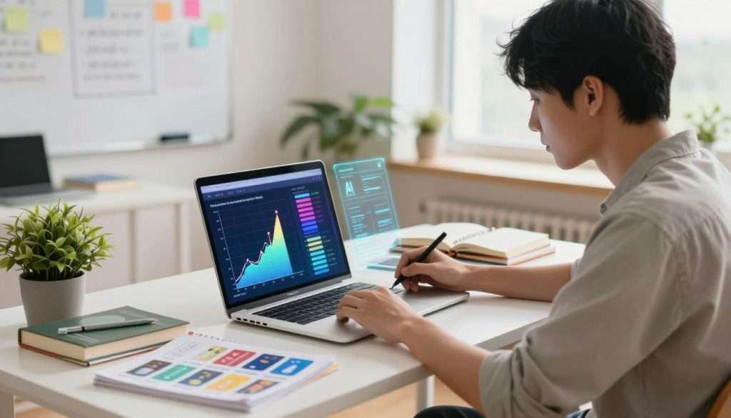 A focused student, sitting at a modern desk cluttered with notebooks and a laptop displaying a colorful AI interface, is creating a personalized study plan. In the foreground, a holographic display emanates from the laptop, showcasing graphs and timelines. The middle layer features educational materials, like textbooks and flashcards, alongside a potted plant, symbolizing growth. The background shows a bright, welcoming study space with a whiteboard filled with notes and a large window letting in soft, natural light, creating a warm and inspiring atmosphere. The overall mood is productive and innovative, highlighting the integration of AI in academic life. The student is dressed in modest casual clothing, fully engaged in the study process. A focused student, sitting at a modern desk cluttered with notebooks and a laptop displaying a colorful AI interface, is creating a personalized study plan. In the foreground, a holographic display emanates from the laptop, showcasing graphs and timelines. The middle layer features educational materials, like textbooks and flashcards, alongside a potted plant, symbolizing growth. The background shows a bright, welcoming study space with a whiteboard filled with notes and a large window letting in soft, natural light, creating a warm and inspiring atmosphere. The overall mood is productive and innovative, highlighting the integration of AI in academic life. The student is dressed in modest casual clothing, fully engaged in the study process.