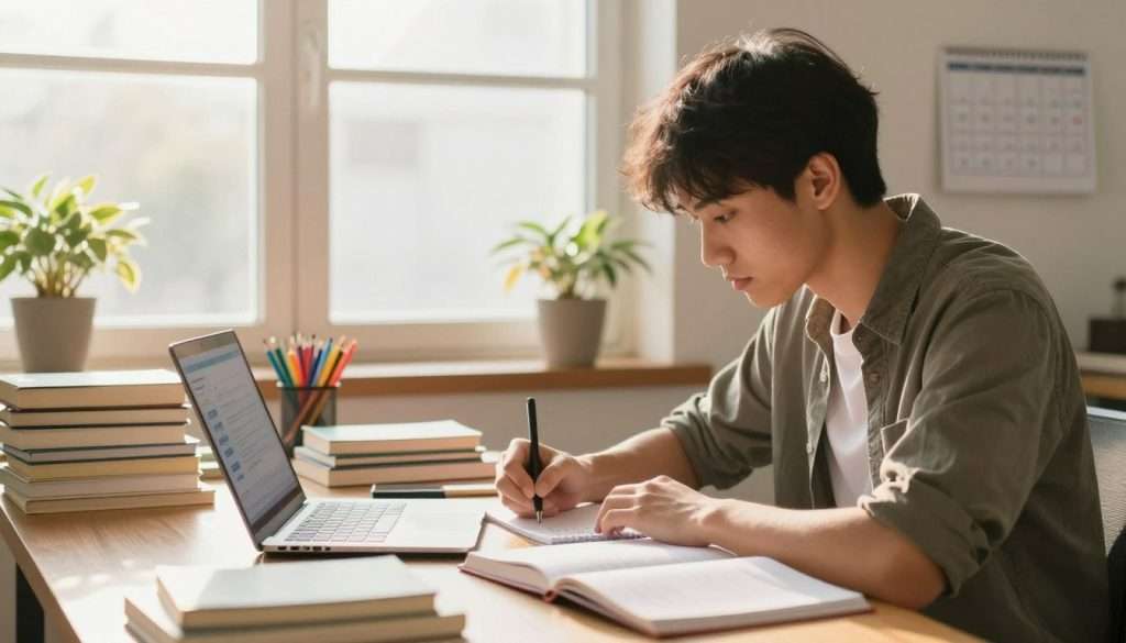 A focused student sitting at a well-organized study desk, surrounded by neatly stacked books and colorful stationery. The student, a young adult in modest casual clothing, is intently writing notes with a determined expression, showing a sense of purpose. The foreground features an open laptop displaying a productivity app. In the middle, a large, bright window allows warm sunlight to flood the room, creating an inviting atmosphere. Potted plants and a calendar with deadlines are visible in the background, enhancing the theme of motivation. The lighting is soft with a golden hue, fostering a calm and inspiring mood. The composition captures a balance of focus and tranquility, representing the struggle to overcome procrastination while studying effectively. A focused student sitting at a well-organized study desk, surrounded by neatly stacked books and colorful stationery. The student, a young adult in modest casual clothing, is intently writing notes with a determined expression, showing a sense of purpose. The foreground features an open laptop displaying a productivity app. In the middle, a large, bright window allows warm sunlight to flood the room, creating an inviting atmosphere. Potted plants and a calendar with deadlines are visible in the background, enhancing the theme of motivation. The lighting is soft with a golden hue, fostering a calm and inspiring mood. The composition captures a balance of focus and tranquility, representing the struggle to overcome procrastination while studying effectively.