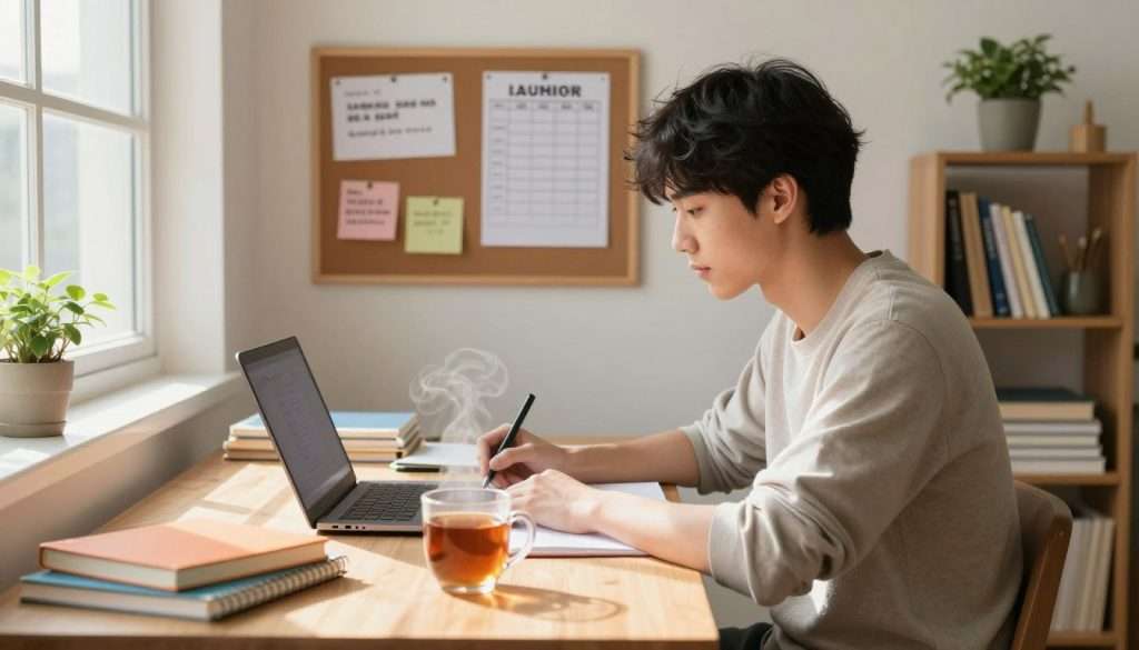 A focused student studying in a serene, well-lit room. In the foreground, a young adult, dressed in comfortable, modest casual wear, sits at a wooden desk cluttered with colorful notebooks, a laptop, and a steaming mug of tea. The soft sunlight filters through a nearby window, casting a warm glow across the scene. In the middle ground, a corkboard is pinned with motivational quotes and study schedules, enhancing the atmosphere of productivity. The background features a small bookshelf filled with reference books, and a potted plant adds a touch of greenery. The overall mood is calm and dedicated, illustrating a space where deep work is made sustainable through good study habits. The image should capture a sense of focus and mindfulness in the study environment.