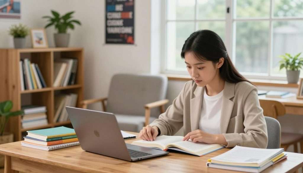 A focused student studying in a well-organized study space. In the foreground, a young woman wearing comfortable yet professional attire sits at a wooden desk, surrounded by notebooks, a laptop, and colorful study materials. She focuses intently on a textbook. In the middle ground, a cozy chair and a bookshelf filled with educational resources and plants create a welcoming atmosphere. In the background, a large window lets in natural light, highlighting motivational posters on the wall. The scene suggests a productive and inspiring study environment. Use soft, warm lighting to enhance the inviting mood, with a slightly blurred effect on the background to emphasize the student’s concentration and dedication. A focused student studying in a well-organized study space. In the foreground, a young woman wearing comfortable yet professional attire sits at a wooden desk, surrounded by notebooks, a laptop, and colorful study materials. She focuses intently on a textbook. In the middle ground, a cozy chair and a bookshelf filled with educational resources and plants create a welcoming atmosphere. In the background, a large window lets in natural light, highlighting motivational posters on the wall. The scene suggests a productive and inspiring study environment. Use soft, warm lighting to enhance the inviting mood, with a slightly blurred effect on the background to emphasize the student’s concentration and dedication.